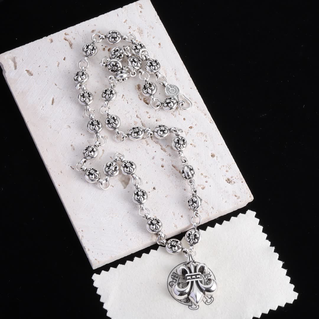 Chrome Hearts Sterling Silver Fleur-de-lis Rosary Necklace